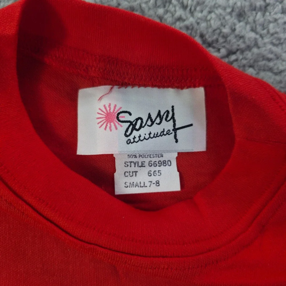 Vintage Sassy Attitude Kids Red Plaid Trim Pocket T-Shirt Size 7-8 Made in USA